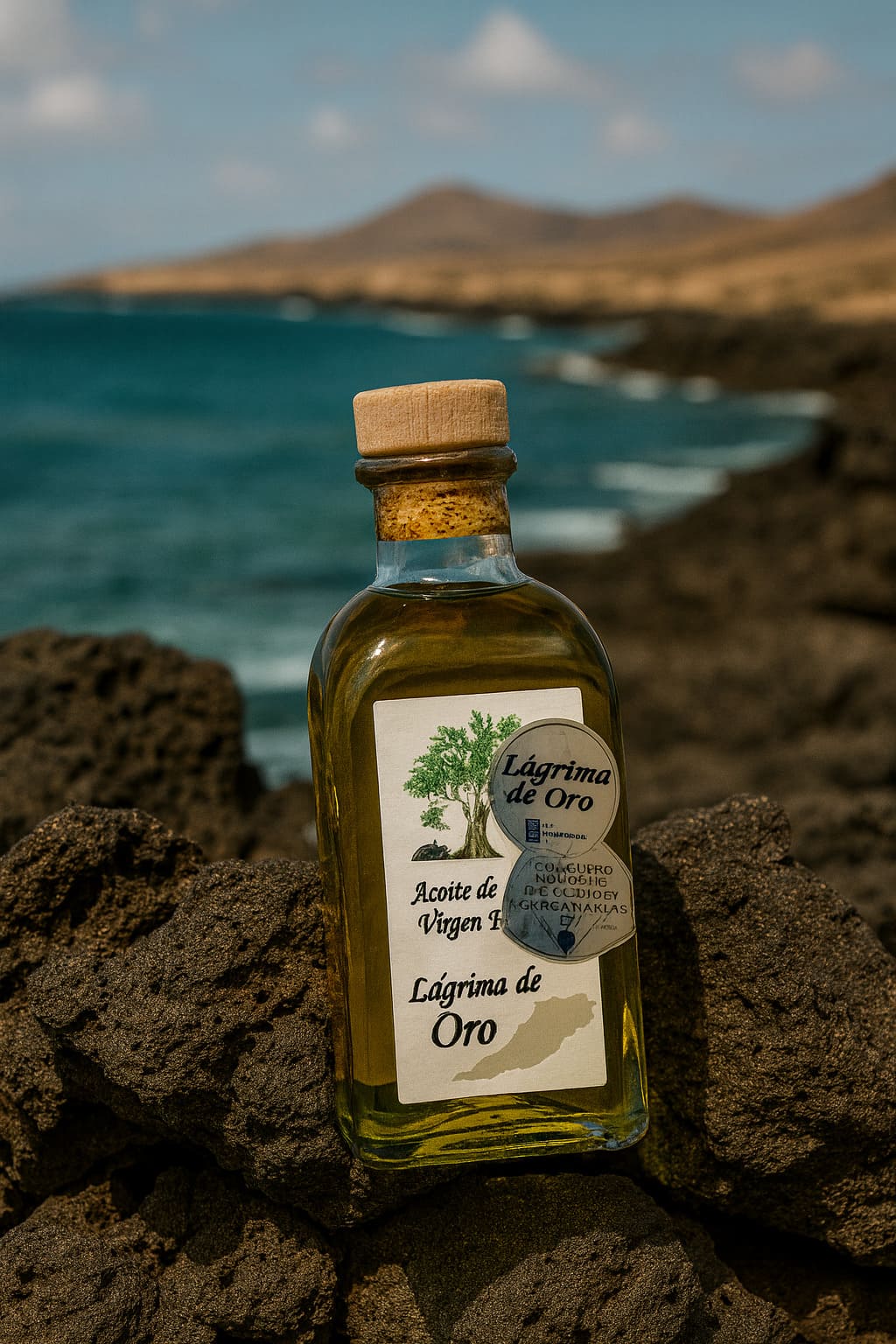 Botella de aceite de oliva virgen extra "Lágrima de Oro" sobre rocas volcánicas, con el océano Atlántico y la costa de Fuerteventura al fondo.
