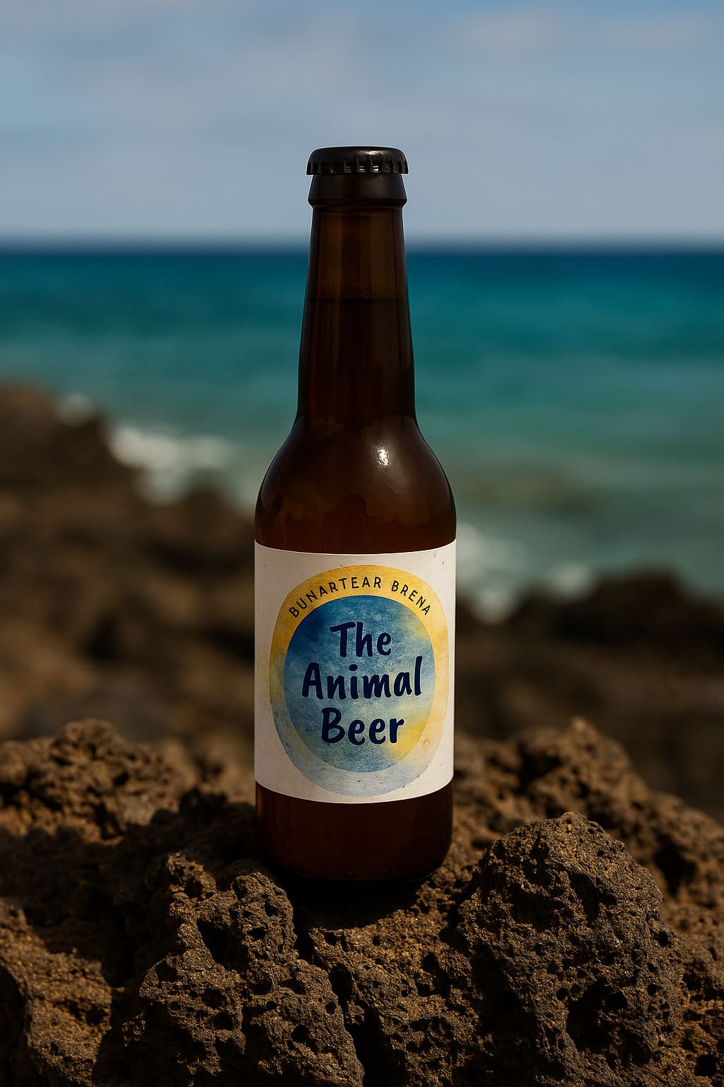 Botella de cerveza artesanal The Animal Beer sobre rocas volcánicas en la costa de Fuerteventura, con el océano Atlántico de fondo.
