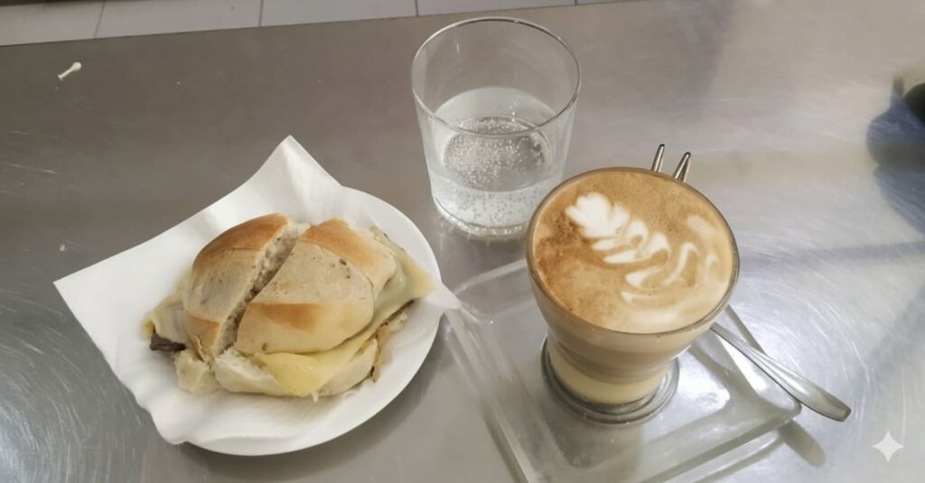 Un bocadillo de carne con queso en un plato, junto a un vaso de agua con gas y una taza de café con leche con arte latte en forma de hoja, todo dispuesto sobre una mesa de acero inoxidable.