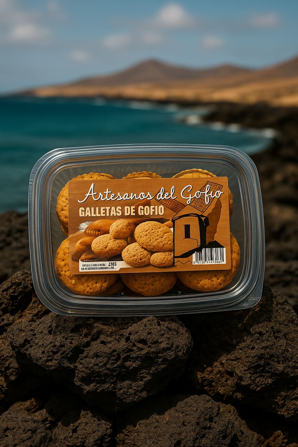 Envase de galletas de gofio Artesanos del Gofio sobre rocas volcánicas, con el mar turquesa y montañas de Fuerteventura al fondo.