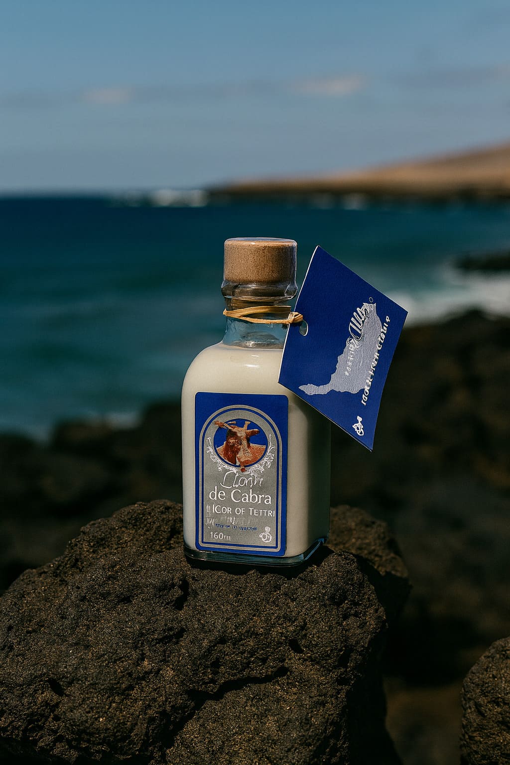 Botella de licor de leche de cabra de Fuerteventura sobre rocas volcánicas, con el océano Atlántico al fondo.