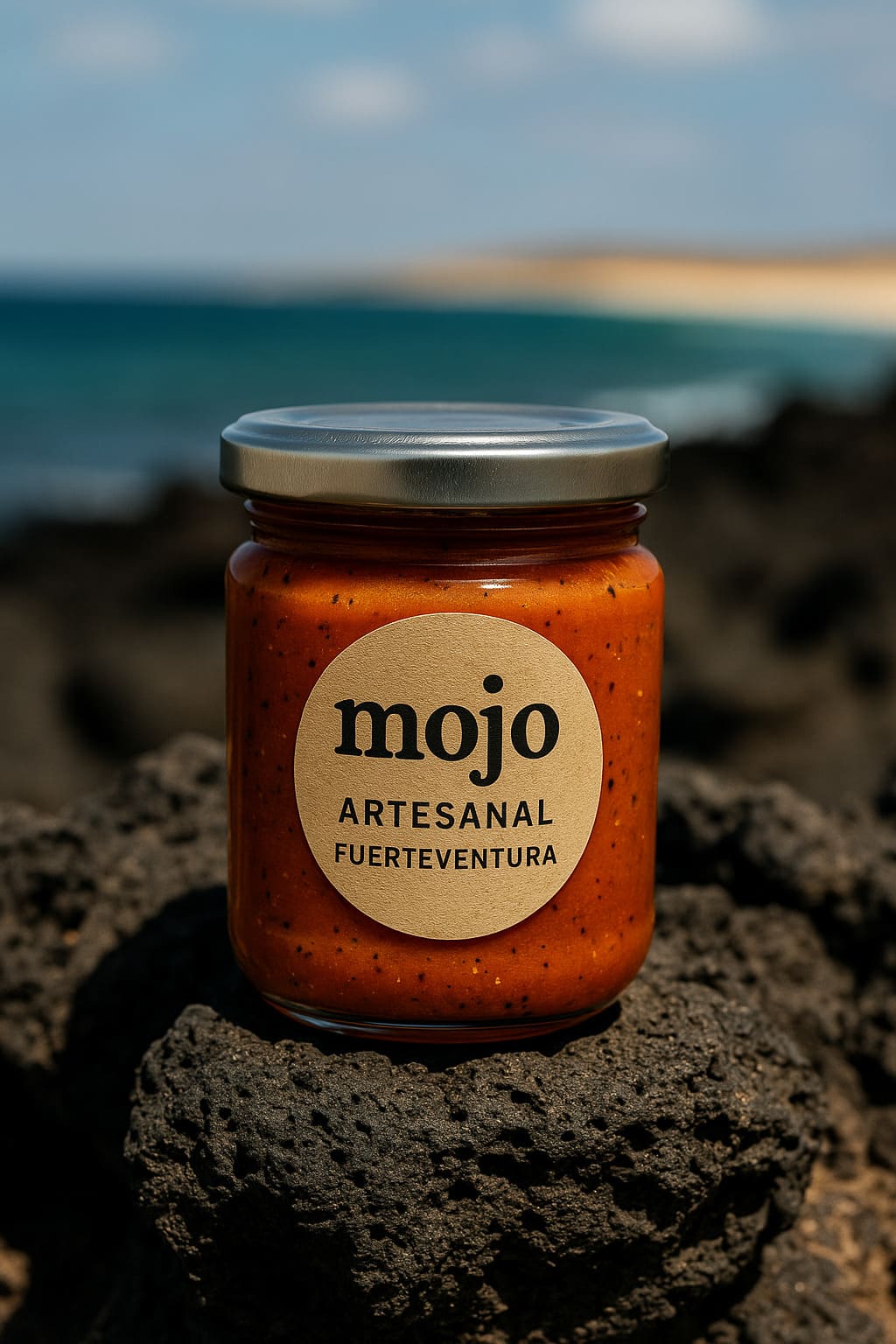 Tarro de mojo rojo artesanal sobre rocas volcánicas en la costa de Fuerteventura, con el océano Atlántico de fondo.