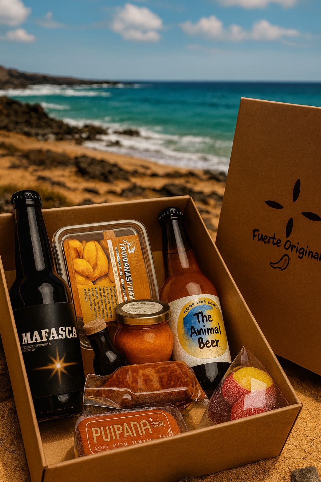 Caja de productos locales de Fuerteventura con cervezas artesanales, mojo rojo, puipanas, queso y dulces, fotografiada en la costa rocosa con el mar turquesa de fondo.