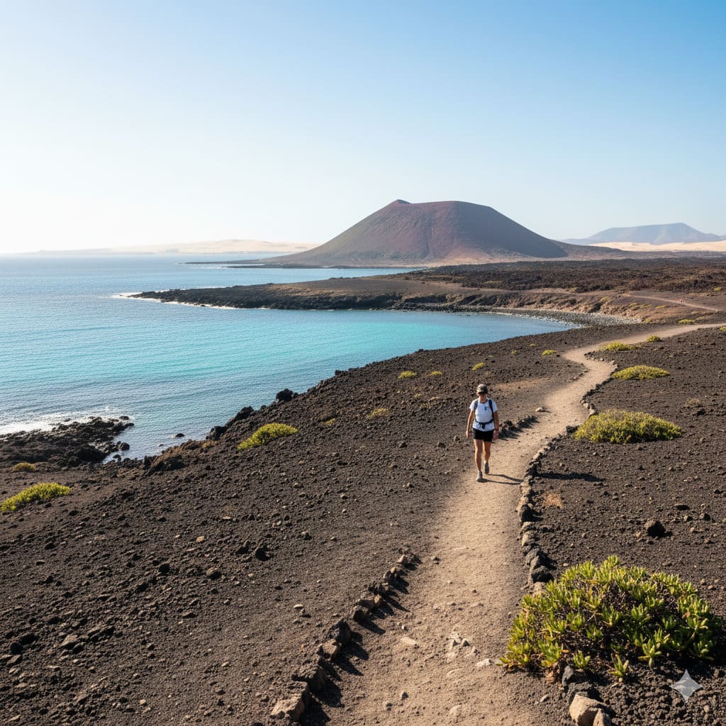 Senderista en la ruta circular de la Isla de Lobos, Fuerteventura, con el volcán La Caldera y las aguas turquesas del océano al fondo en un día soleado.