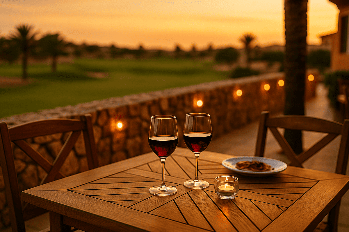 Mesa de madera con dos copas de vino y una vela en la terraza del Restaurante Algo Más, con el campo de golf al fondo al atardecer.