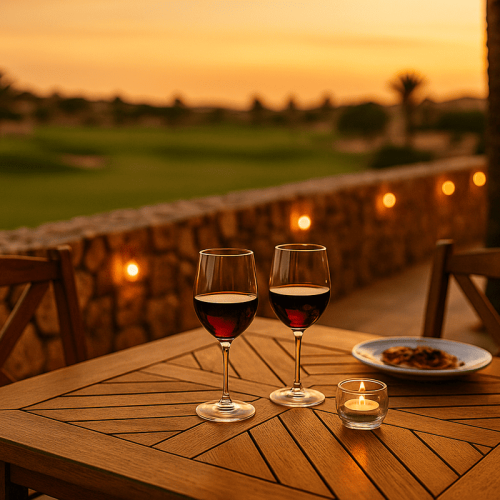 Mesa de madera con dos copas de vino y una vela en la terraza del Restaurante Algo Más, con el campo de golf al fondo al atardecer.
