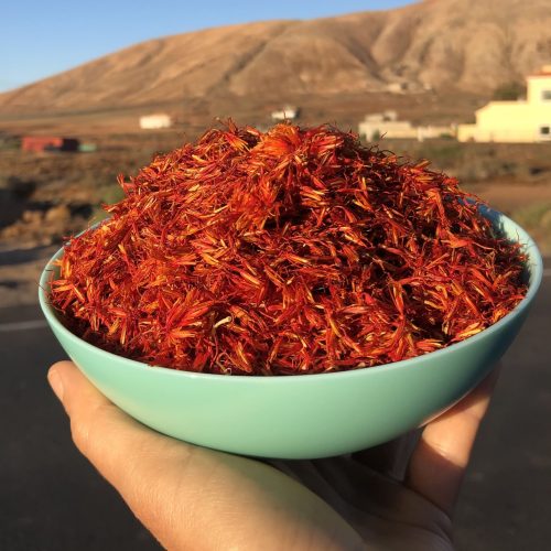 Mano sosteniendo cuenco verde con hebras de azafrán majorero en Fuerteventura